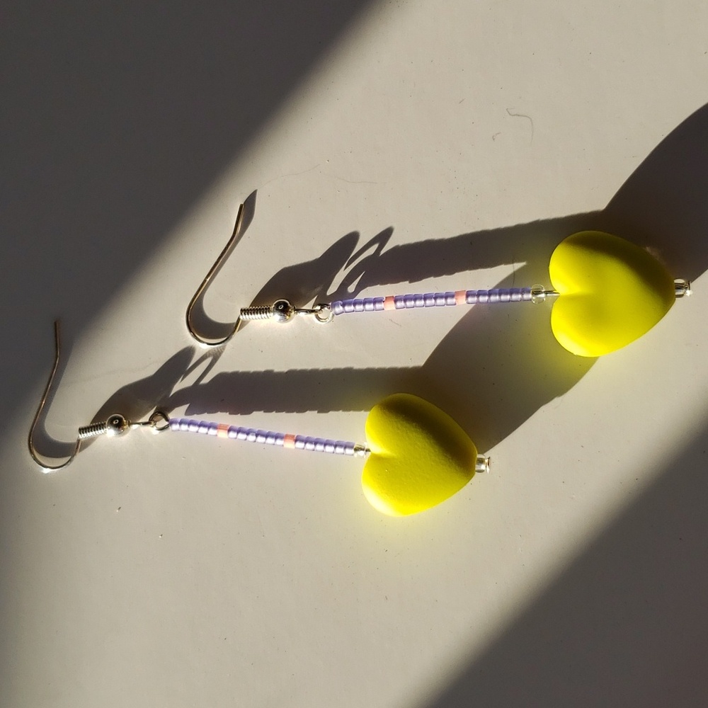 NEW hand made 2" neon yellow heart & purple beaded Shepard hook dangle earrings